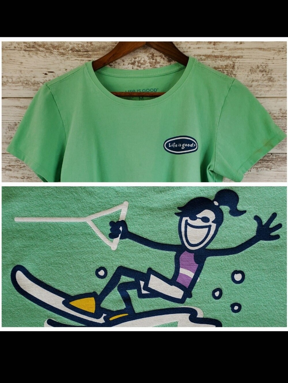 Life Is Good Jackie Water Skier Graphic Tee Short Sleeve Green
